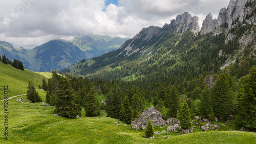Drone view, aerial of hiking path in mountains in Switzerland, path towards soldatenhaus, Gastlosen mountain. Beautiful alpine nature, landscape. Tranquility, pure pine tree forest. Tranquility.