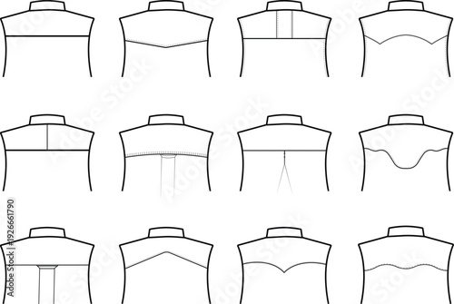 Men Shirt Back Yoke Seam Line Variations Vector Outline Set
