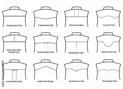 Men Shirt Back Yoke Seam Line Variations Vector Outline Set

