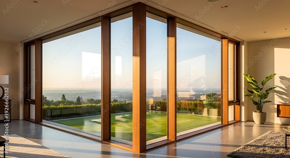 Fototapeta premium Modern living room with large windows overlooking a scenic landscape view