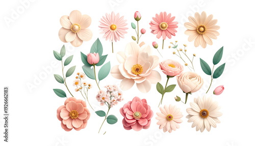 A vibrant and colorful collection of various flowers in full bloom isolated on transparent background