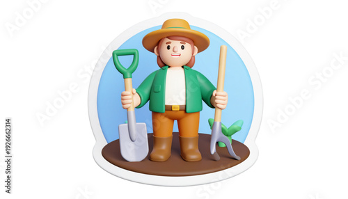 A cheerful gardener with a watering can tending to a vibrant garden. isolated on transparent background