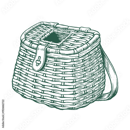Wicker Fishing Basket Vintage Line Art Vector