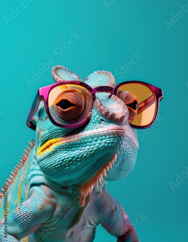 chameleon wearing sunglasses on a solid color background, vector art, digital art, faceted 5