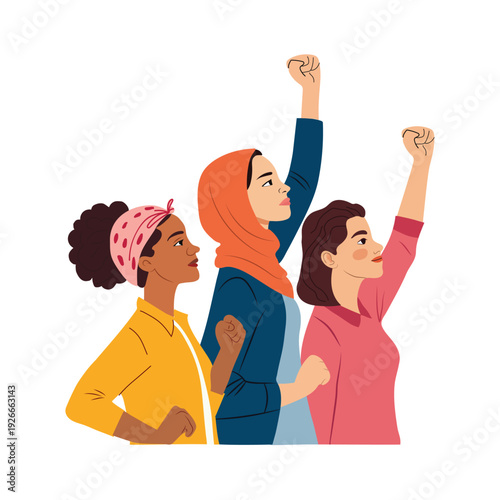 Diverse Women Raising Fists in Solidarity, Female Empowerment Flat Vector Illustration