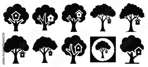silhouette nature birdhouse tree drawing icons and set of graphics nature elements