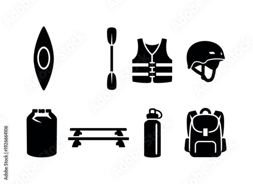 Kayaking equipment: kayak, paddle, life jacket, helmet, dry bag, roof rack, water bottle, backpack
