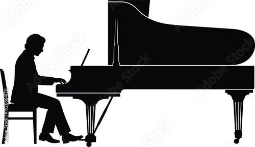 Grand piano player silhouette performing classical music, elegant musician seated at keyboard, black vector illustration isolated on white background for concert and recital design