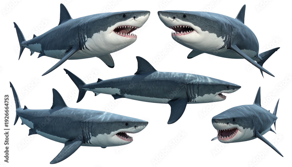 Obraz premium Megalodon shark illustrated from different angles, isolated on a transparent background, perfect for prehistoric, marine life, ocean, wildlife, and educational designs.