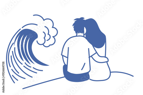 Couple Looking at the Sea. Abstract Male and Female Character Romantic Dreamy Silhouette. Summer Tropical Exotic Resort Travel and Vacation Theme. Contour Drawing Graphic Design.