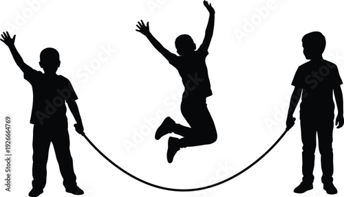 Kids silhouette jumping rope with happy children playing outdoor game, playful childhood activity black vector illustration isolated on white background