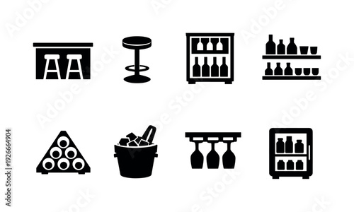 Home bar furniture: bar counter, bar stool, wine cabinet, liquor shelf, bottle rack, ice bucket, glass rack, mini fridge
