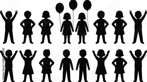 Kids silhouette collection with boys and girls posing, raising hands and holding balloons, cute children black vector illustration isolated on white background