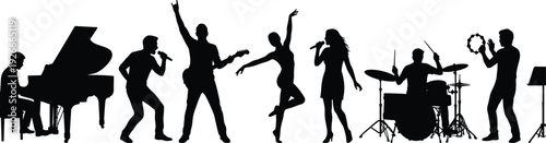 Live music band silhouette with singers, guitarist, pianist and drummer performing on stage, concert entertainment black vector illustration isolated on white background