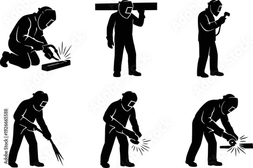 Welder silhouette collection action poses metalwork set