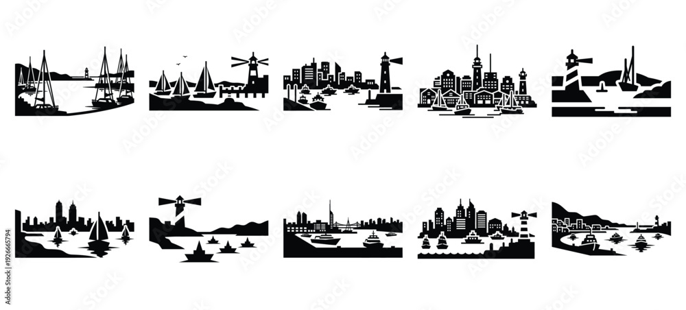 Fototapeta premium silhouette nature harbor bay drawing icons and set of graphics nature elements