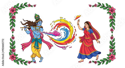 Krishna and radha celebrating holi with colorful water and floral frame