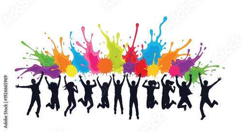 Silhouettes of people celebrating amidst a vibrant paint splash background