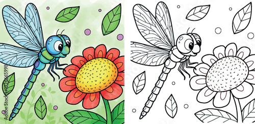 Cute cartoon blue dragonfly hovering near a red flower, colorful hand drawn nature illustration