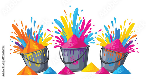 Colorful handprints and paint splashes erupt from metal buckets