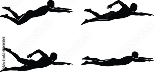 Swimming athlete silhouettes performing freestyle strokes, competitive water sport black vector illustration isolated on white background for fitness and training design
