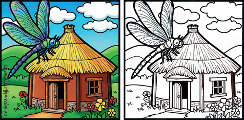Colorful cartoon dragonfly resting on a thatched roof cottage, whimsical nature illustration
