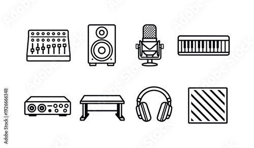 Music studio equipment: mixing console, studio monitor, microphone, keyboard piano, audio interface, studio desk, headphones, acoustic panel