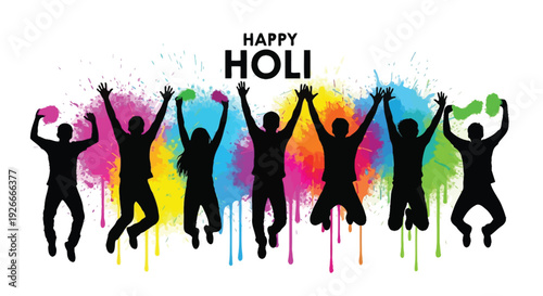 Celebratory silhouettes of people jumping with colorful holi powder splashes