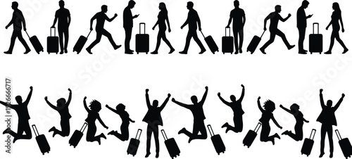 Travelers silhouette collection with people walking and jumping holding suitcases, airport journey and vacation concept black vector illustration isolated on white background