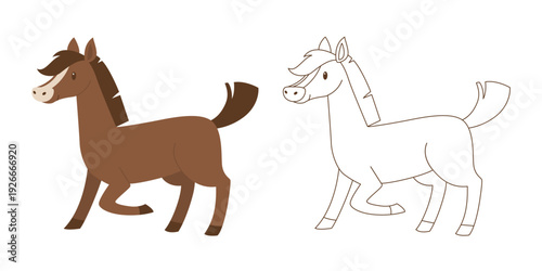 Cute Cartoon Horse Vector. Brown Running Pony Character and Black Outline Coloring Page. Farm Animal Clipart. Isolated Flat Illustration for Kids.