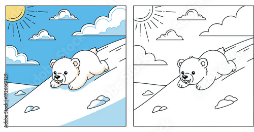 Cute cartoon polar bear sliding down a snowy hill, vector illustration of happy baby animal