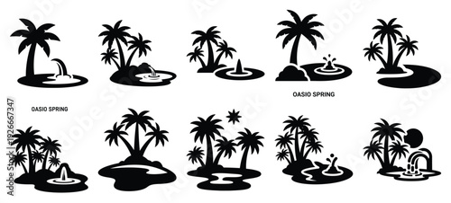 silhouette nature oasis spring drawing icons and set of graphics nature elements