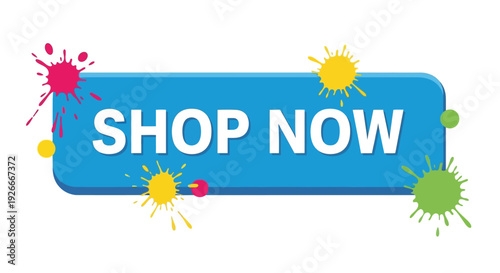Colorful splash graphic with a shop now call to action button