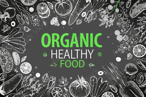 Aesthetic sketch of fruits vegetables and the word organic in green