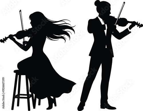 Violinist silhouettes with elegant female seated on stool and male musician standing, classical music performance black vector illustration isolated on white background
