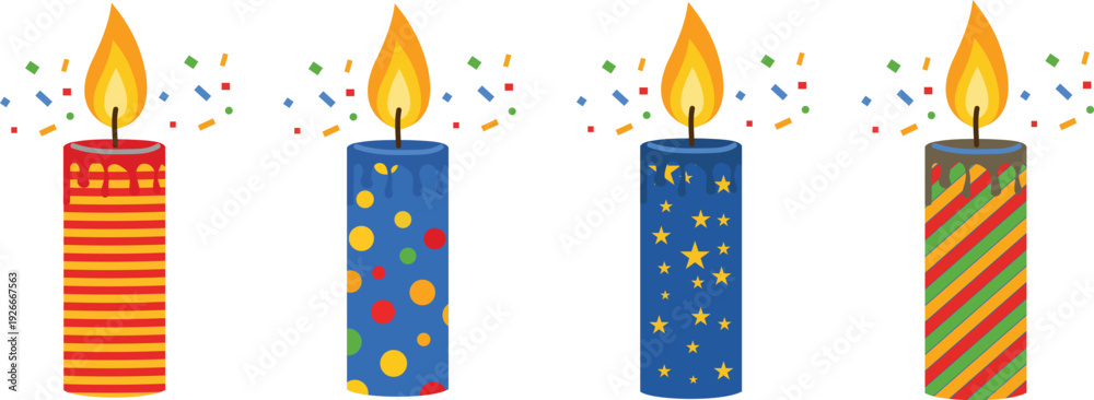 Obraz premium Four colorful birthday candles with flames and confetti with vector illustration