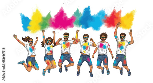 Joyful group celebrates with vibrant color powder during a festive event