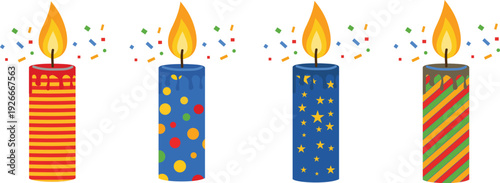 Four colorful birthday candles with flames and confetti with vector illustration