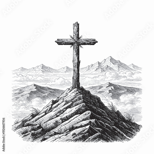 Cross on mountain peak landscape laser engraving design, vintage woodcut vector illustration, detailed hand drawn ink line art christian faith symbol on rocky summit with distant hills for CNC