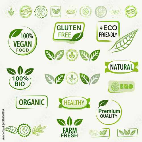 Collection of green food and lifestyle certification labels and icons
