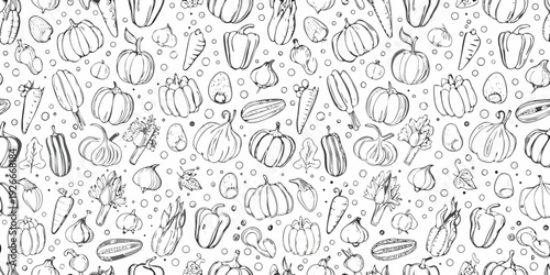 Detailed black and white pattern of various sketched autumn vegetables