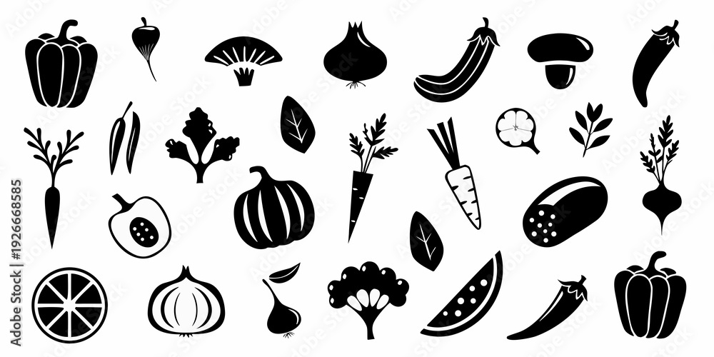 Fototapeta premium Collection of black silhouette vegetable icons arranged in a playful display
