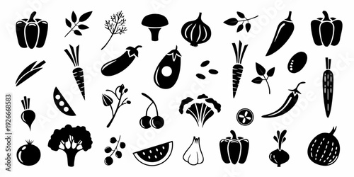 Collection of black silhouette vegetables and fruits arranged on a white background