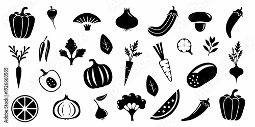 Collection of black silhouette vegetable icons arranged in a playful display