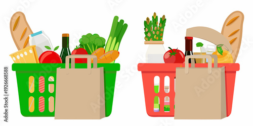 Two colorful shopping baskets filled with fresh groceries and produce