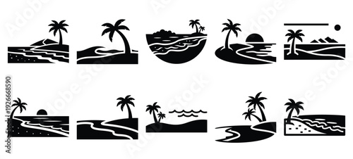 silhouette nature sand beach drawing icons and set of graphics nature elements
