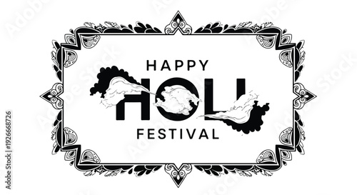 Black and white illustration of Happy Holi Festival text with decorative border on white background
