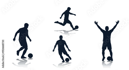 Dynamic vector silhouettes of male soccer players in various action poses, embodying the competitive spirit of the sport through dribbling, kicking, and jubilant celebration