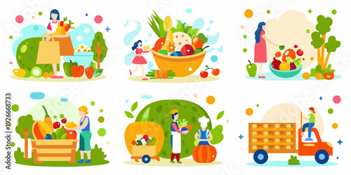 Illustrations depicting various stages of harvesting and enjoying fresh produce