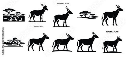silhouette nature savanna plain drawing icons and set of graphics nature elements